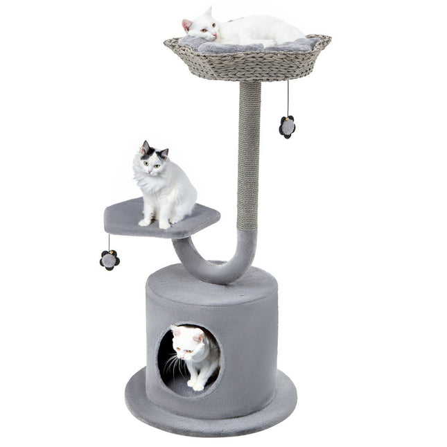 Indoor Scratching Post with Curved Metal Frame 3 Tier Cat Activity Center Gray