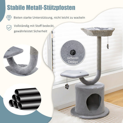 Indoor Scratching Post with Curved Metal Frame 3 Tier Cat Activity Center Gray