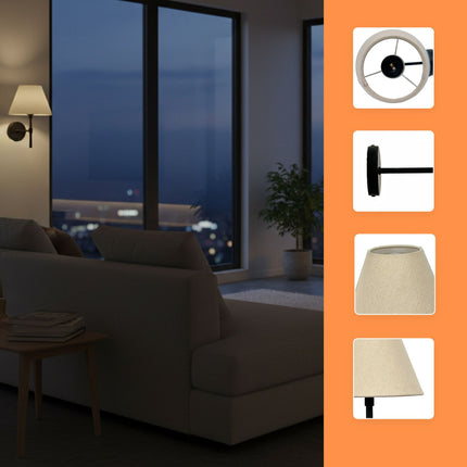 Indoor Wall Lamp with Black Bracket & Linen Shade