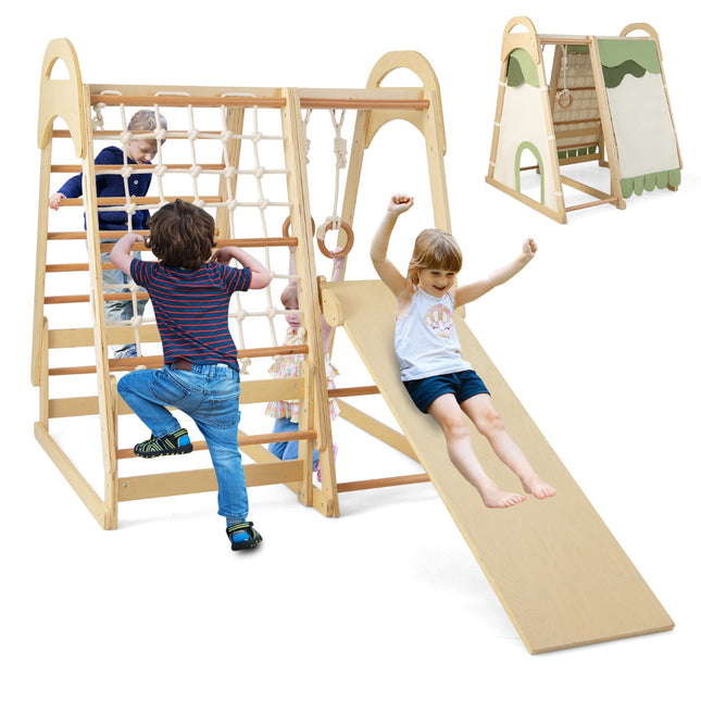 Indoor Wooden Climbing Playset for Kids with Slide & Tent