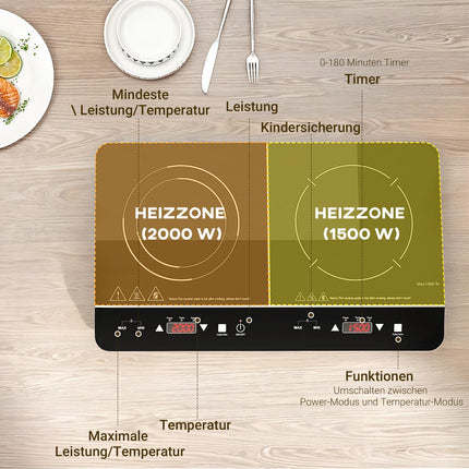 Portable double induction hob, 8 power levels, 3500W