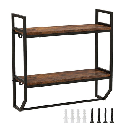 Industrial 2 Tier Wall Shelf with Bar & Metal Frame Rustic Brown