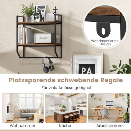 Industrial 2 Tier Wall Shelf with Bar & Metal Frame Rustic Brown