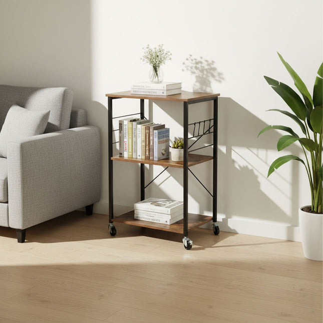 Industrial 3-Tier Trolley with Wheels and Hooks