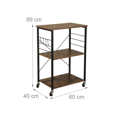 Industrial 3-Tier Trolley with Wheels and Hooks
