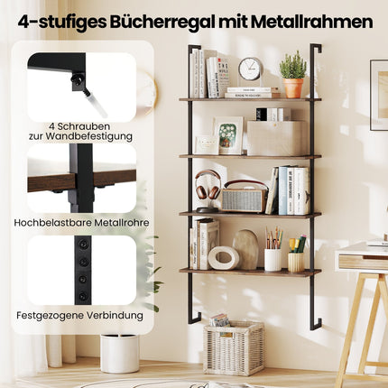 Industrial 4-Tier Wall Shelf with Metal Frame, Brown