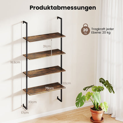 Industrial 4-Tier Wall Shelf with Metal Frame, Brown