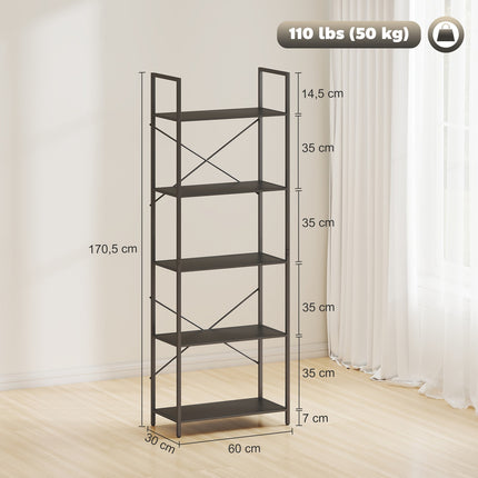 Industrial 5-Tier Metal Bookshelf, 60x30x170.5 cm, Black