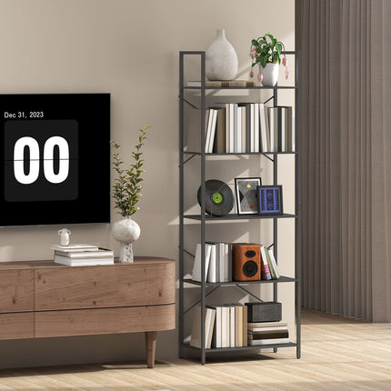 Industrial 5-Tier Metal Bookshelf, 60x30x170.5 cm, Black