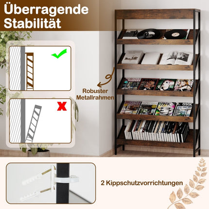 Industrial 6-Tier Bookshelf with Metal Frame, 161 cm