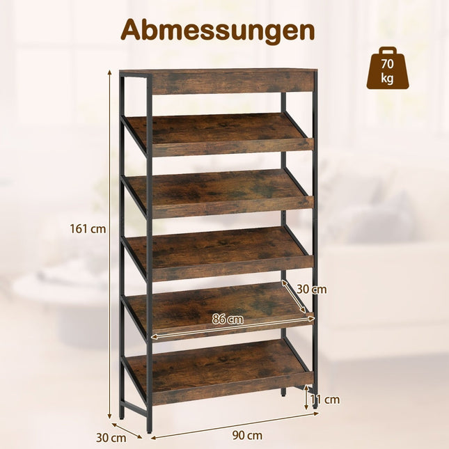 Industrial 6-Tier Bookshelf with Metal Frame, 161 cm