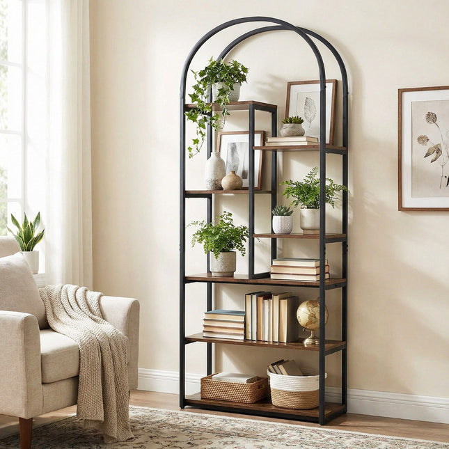 Industrial Arched Bookcase, 7 Open Shelves, Rustic Brown