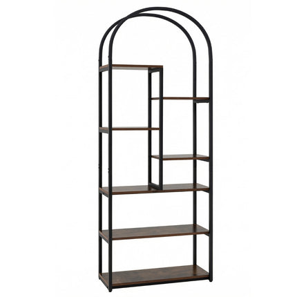 Industrial Arched Bookcase, 7 Open Shelves, Rustic Brown