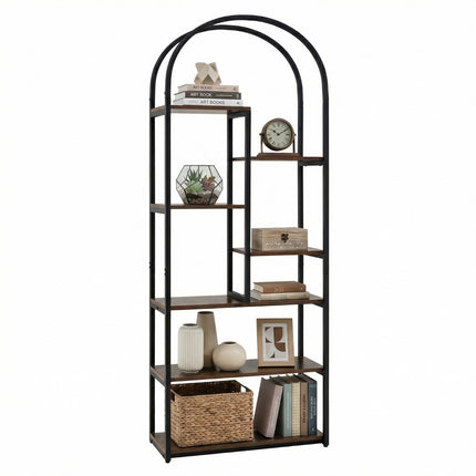 Industrial Arched Bookcase, 7 Open Shelves, Rustic Brown