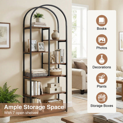 Industrial Arched Bookcase, 7 Open Shelves, Rustic Brown