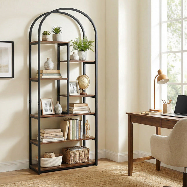 Industrial Arched Bookcase, 7 Open Shelves, Rustic Brown