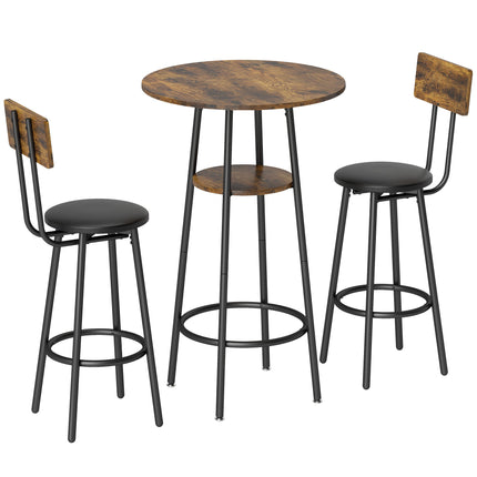 Industrial Bar Table Set, 2 Padded Stools, Shelf, Rustic Brown