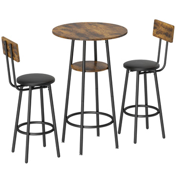 Industrial Bar Table Set, 2 Padded Stools, Shelf, Rustic Brown