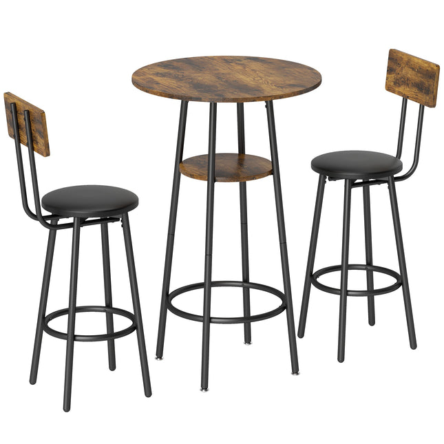 Industrial Bar Table Set, 2 Padded Stools, Shelf, Rustic Brown