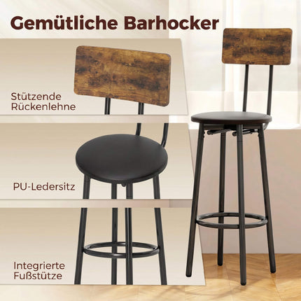 Industrial Bar Table Set, 2 Padded Stools, Shelf, Rustic Brown