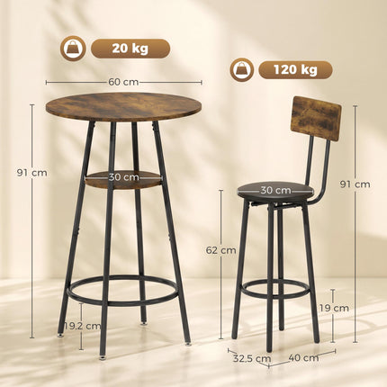 Industrial Bar Table Set, 2 Padded Stools, Shelf, Rustic Brown