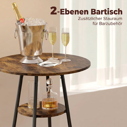 Industrial Bar Table Set, 2 Padded Stools, Shelf, Rustic Brown
