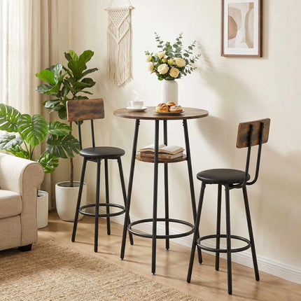 Industrial Bar Table Set, 2 Padded Stools, Shelf, Rustic Brown