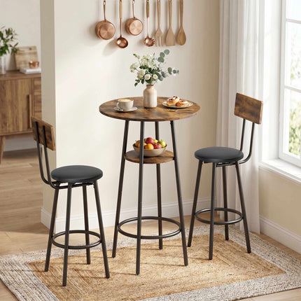 Industrial Bar Table Set, 2 Padded Stools, Shelf, Rustic Brown