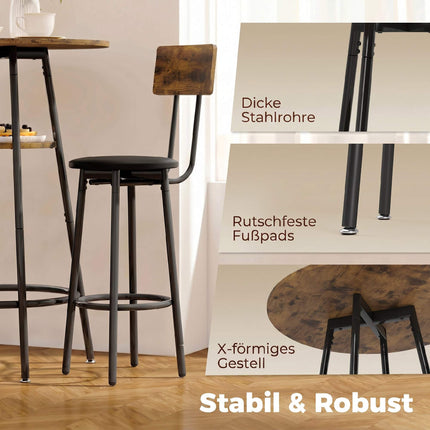 Industrial Bar Table Set, 2 Padded Stools, Shelf, Rustic Brown