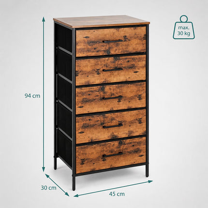 Industrial Black Chest of 5 Fabric Drawers, 94x45x30 cm