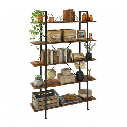 Industrial Bookcase, 5 Shelves, Wood and Metal Frame