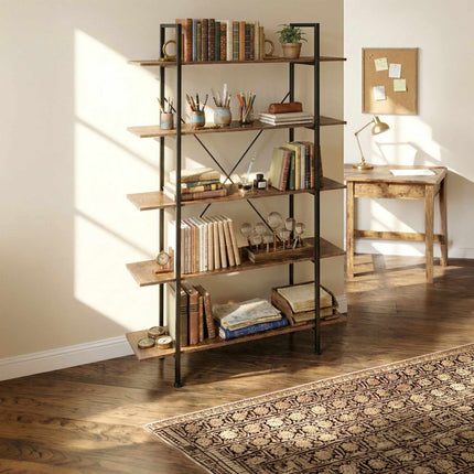 Industrial Bookcase, 5 Shelves, Wood and Metal Frame