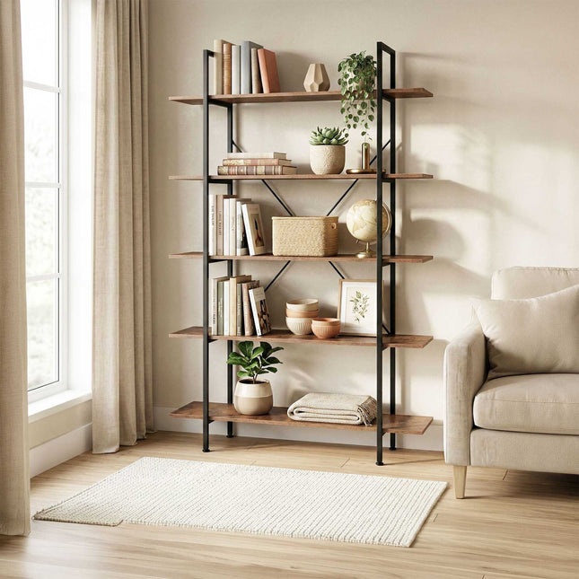 Industrial Bookcase, 5 Shelves, Wood and Metal Frame