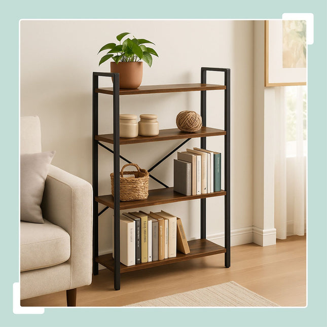 Industrial Bookcase – Black Metal & Dark Wood Shelf