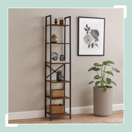 Industrial Bookcase – Black Metal & Dark Wood Shelves