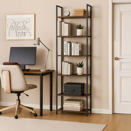 Industrial Bookcase – Black Metal & Dark Wood Shelves