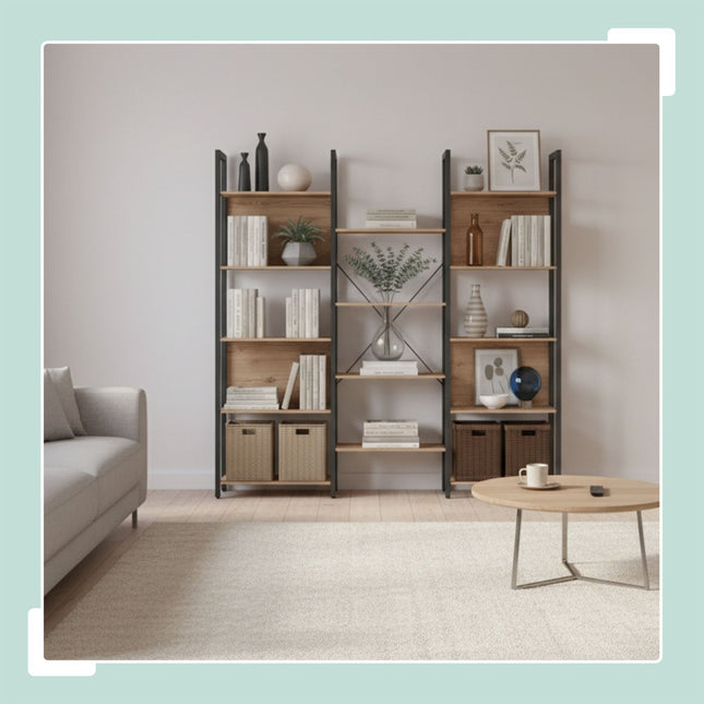 Industrial Bookshelf, 14-Tier, Vintage Wood Finish
