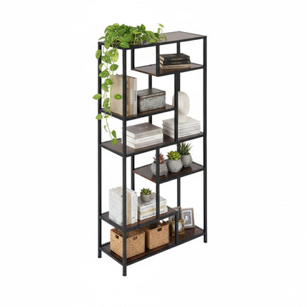 Industrial Bookshelf, 6 Shelves, Black Frame, Wood Finish