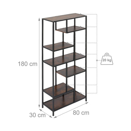 Industrial Bookshelf, 6 Shelves, Black Frame, Wood Finish