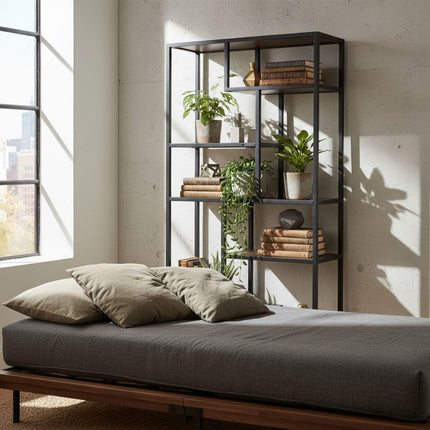 Industrial Bookshelf, 6 Shelves, Black Frame, Wood Finish
