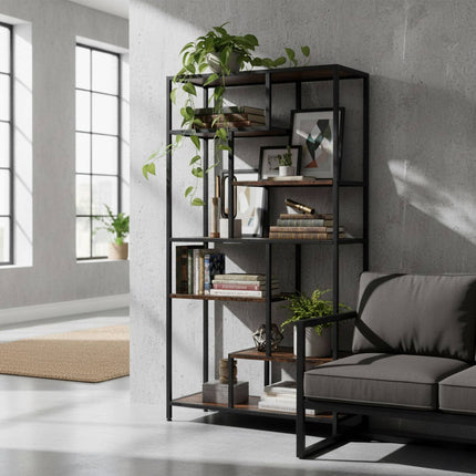 Industrial Bookshelf, 6 Shelves, Black Frame, Wood Finish