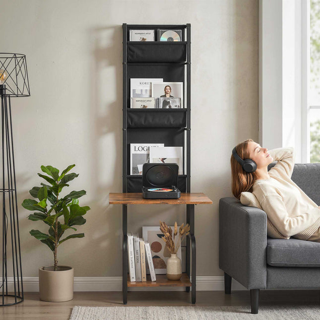 Industrial CD Shelf with 3 Fabric Pockets, Rustic Brown