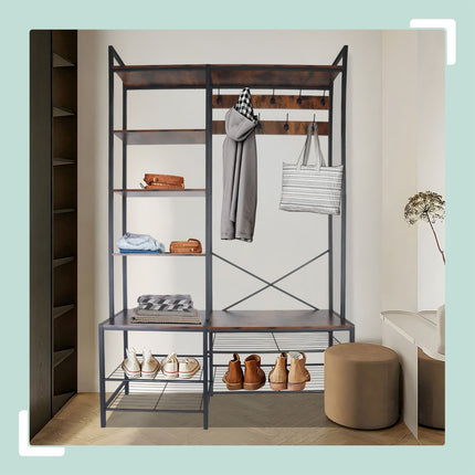 Industrial Coat Rack with Shoe Bench and Hat Shelf