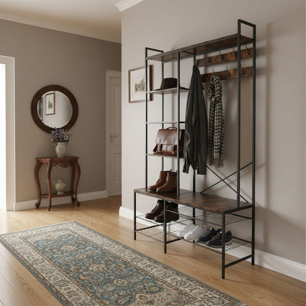 Industrial Coat Rack with Shoe Bench and Hat Shelf