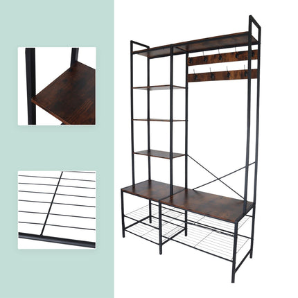 Industrial Coat Rack with Shoe Bench and Hat Shelf