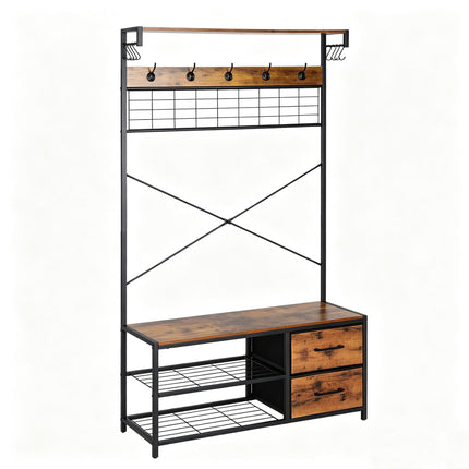 Industrial Coat Rack with Shoe Shelf and Drawers, Black