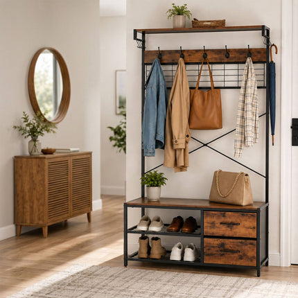 Industrial Coat Rack with Shoe Shelf and Drawers, Black