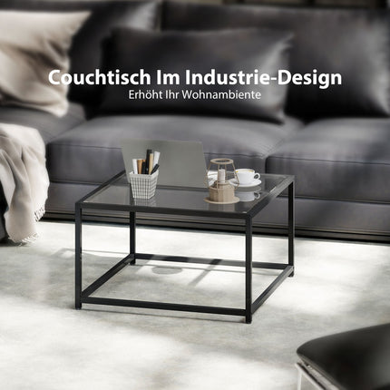 Industrial Coffee Table, Tempered Glass & Steel, 68x68 cm