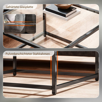Industrial Coffee Table, Tempered Glass & Steel, 68x68 cm