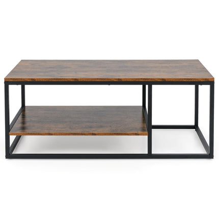 Industrial Coffee Table with Shelf & Metal Frame Rectangular Sofa Table Brown
